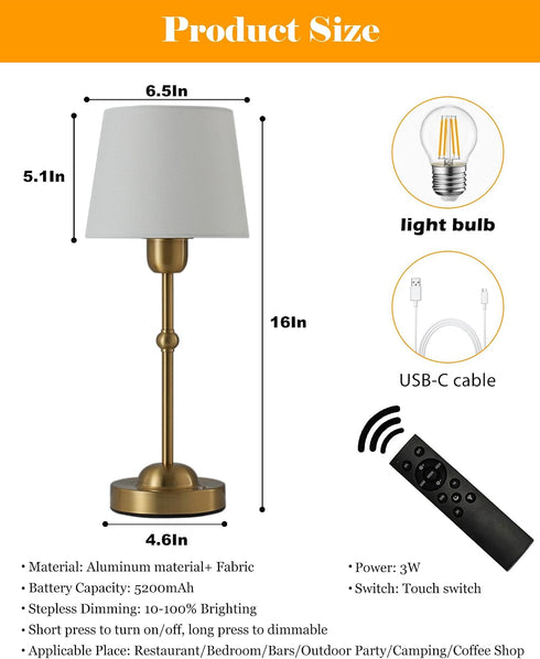 AILELANG Dimmable 3000/4000/6000K Rechargeable Table Lamps Cordless, Portable Touch Battery Powered Lights with Fabric