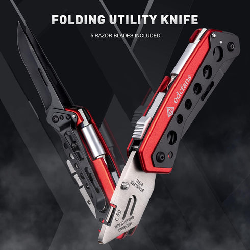 edcfans Folding Utility Knife Box Cutter with 5 Razor Blades, Pocket Clip, Screwdriver, Saw, and Holder for Belt