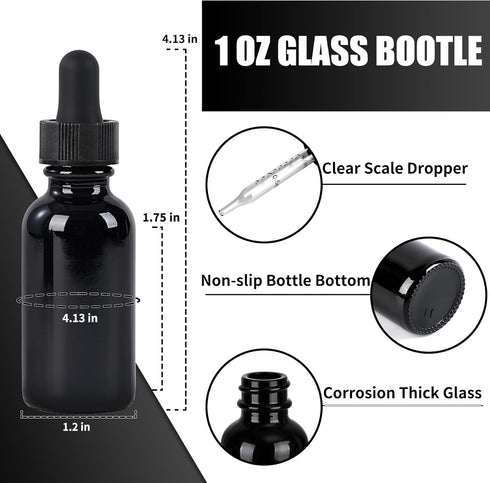 12 Pcs 1oz Glass Dropper Bottles, Leakproof Tincture Bottles with Black Reusable Eye Dropper for All Liquids