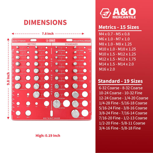 A&O Mercantile Ultimate 34 Nut and Bolt Thread Checker, Bolt and Nut Identifier Gauge for Professionals & DIY