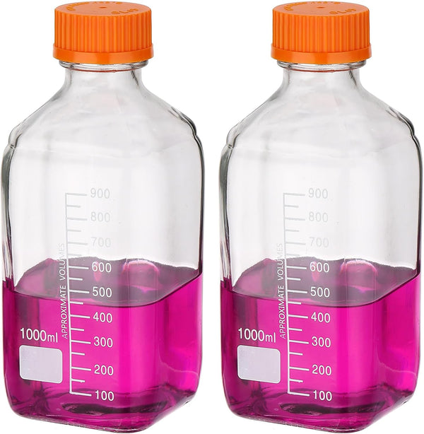 PATIKIL 2 Pack Reagent Media Storage Bottles, 1000ml Borosilicate Glass Square Bottles with Orange GL32 Screw Cap