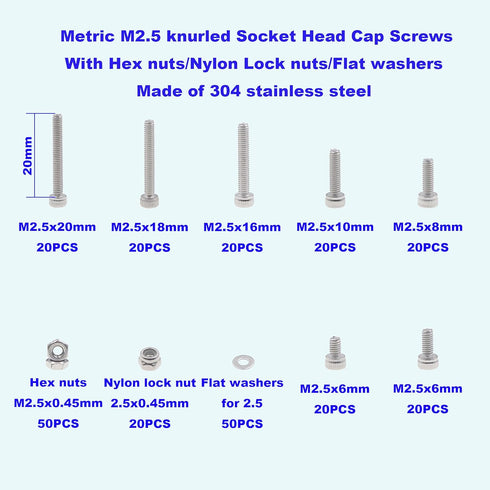 Metric M2.5 Stainless Steel Knurled Socket Head Cap Screws Kit, Screws Lengths from 4mm to 20mm, with Hex Nuts/Nylon