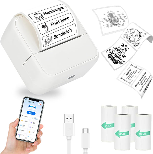 NHOWIN Sticker Printer, Portable Thermal Bluetooth Inkless Label Maker with 4 Roll Paper,