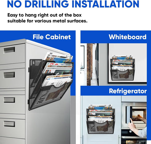 Large Capacity 3 Tier Magnetic File Holder, Black, for File Cabinets, Refrigerator, Office, No Drilling Installation