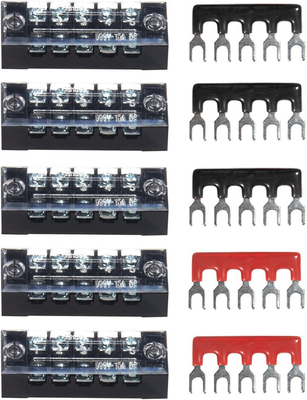 MILAPEAK Terminal Block and Strip, 10pcs (5 Sets) 5 Positions Dual Row 600V 15A Screw Terminal Strip Blocks with Cover