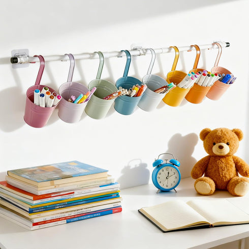 8 OBUSATT PCS Boho Metal Pencil Holder with Pipes Back to School Hanging Iron Small Pails Colors Crayon Organizer First