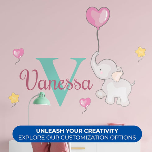 EGD Elephant Wall Decor Stickers for Baby Girl or Boy I Custom Name & Initial for Nursery Wall Decor I Elephant Nursery