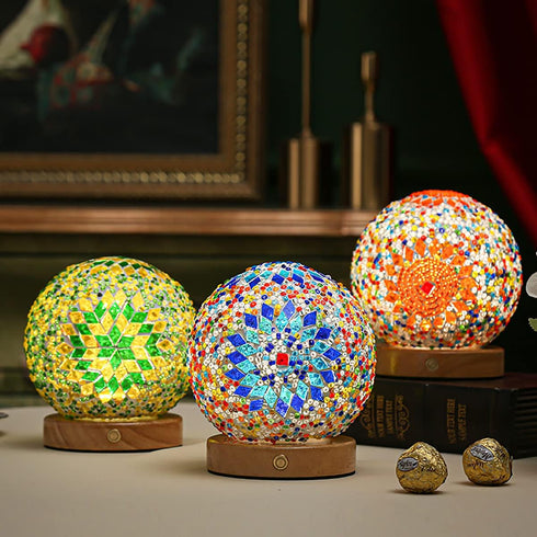 3 Dimming (style2-blue) Romantic Night Light, Nordic Style Mosaic Glass Table Lamp Rechargeable Bedside Lamp Color