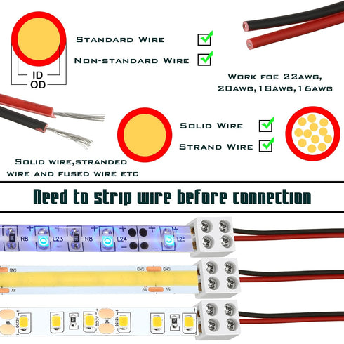 25 Pack Solderless White Led Tape Light Connectors Tighten Screw Terminal Blocks 2 Pin 10mm Connector with Screwdriver Wire to Strip Connector for 5v 12v 24v Monochrome LED Low