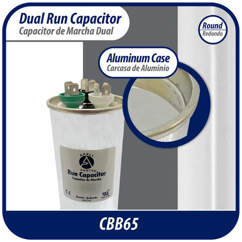 Appli Parts Dual Run Capacitor for AC 60+10 Mfd uF (370VAC), Universal Fit for HVAC Applications
