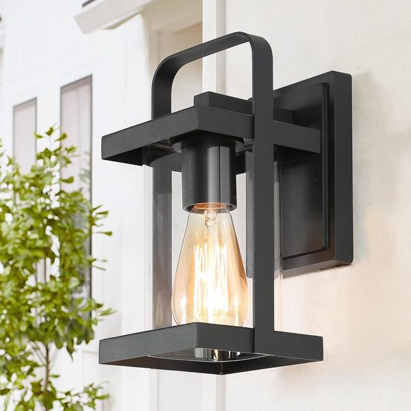 LALUZ Outdoor Wall Sconce, Black Exterior Porch Light Fixtures with Clear Glass