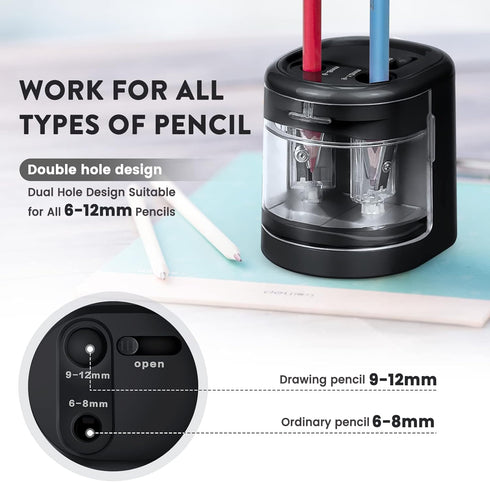 Eagle Electric Pencil Sharpener, Battery or USB Operated, Dual Holes, Dual Blades, fit for Pencils of Size 6-8mm and 9-12mm (Black) by Eagle