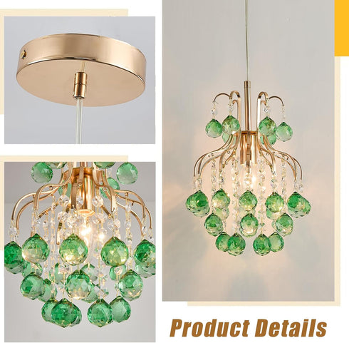 Stylish Mini Crystal Chandelier with Golden Finish and Green Shade