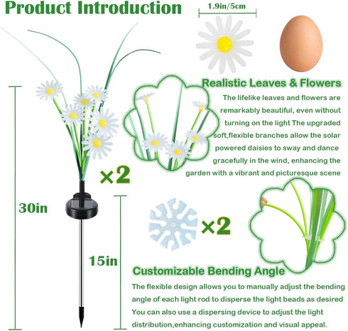 L LAMPOP (2-Pack, 12 Solar Outdoor Lights LEDs), Solar Garden Lighting, Outdoor Decorations, Daisy Light for Backyard