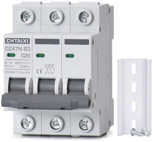 3 Pole DIN Rail Mount Circuit Breaker, 20 Amp 480V AC Miniature Circuit Breaker, Thermal Magnetic Trip