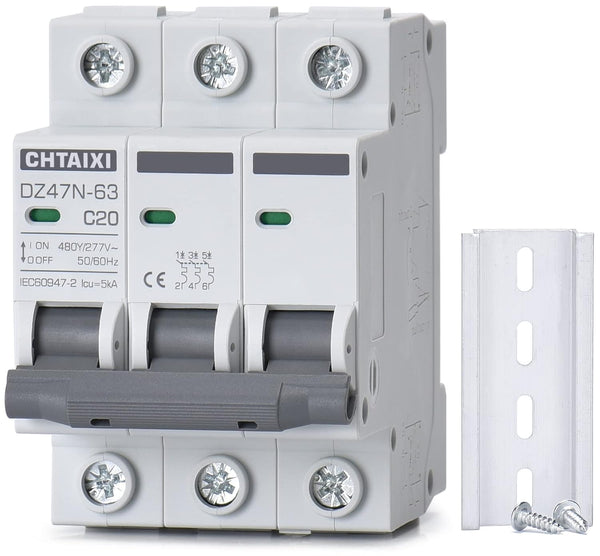 3 Pole DIN Rail Mount Circuit Breaker, 20 Amp 480V AC Miniature Circuit Breaker, Thermal Magnetic Trip