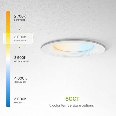 1 Pack 4 Inch 9W 757LM, 5CCT 2700K-5000K CRI90+, Dimmable T24, ASD Baffle Trim Recessed Light, LED Wafer Lights
