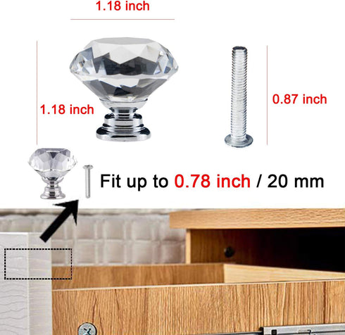 YourGift 12 Pack Drawer Knobs - Diamond Shaped Crystal Glass 30mm Cabinet Pull Handles (Silver)