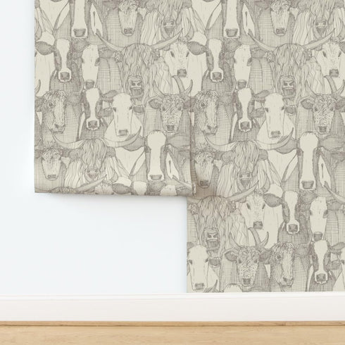 Spoonflower Removable Wallpaper Swatch - Neutral Cow Cattle Farming Rustic Farmhouse Dairy Friesian Bull Ox Highland