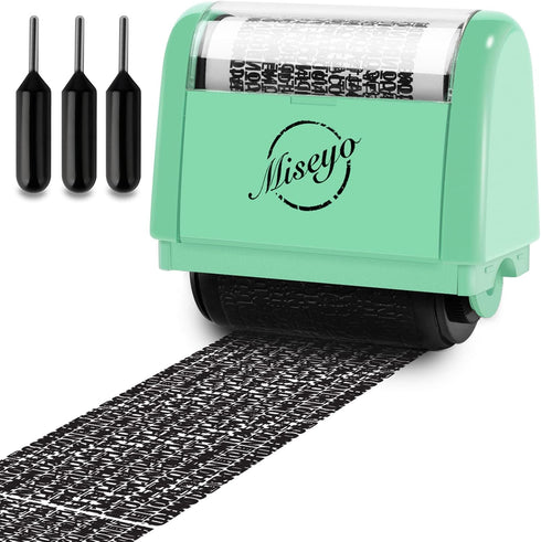 Miseyo Identity Theft Protection Roller Stamp Set - Mint Green, Includes 3 Refill Inks