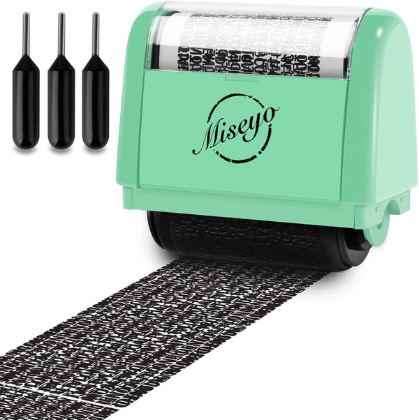 Miseyo Identity Theft Protection Roller Stamp Set - Mint Green, Includes 3 Refill Inks
