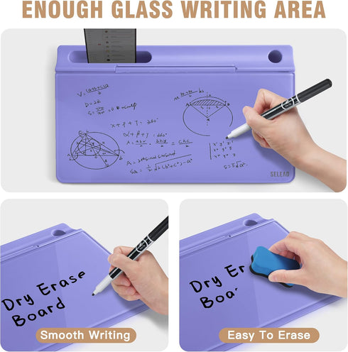 SELEAD Desktop Glass Whiteboard with Storage, Small Dry Erase White Board Computer Pad Keyboard Stand for Home, School