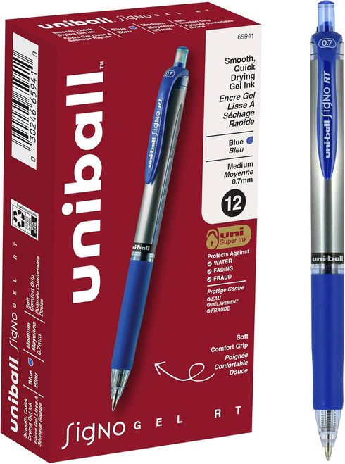 uniball Signo Gel Pen, Retractable, Medium 0.7 mm, Blue Ink, Blue/Metallic Accents Barrel, Dozen