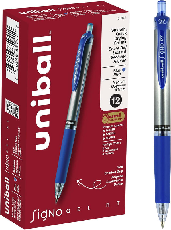 uniball Signo Gel Pen, Retractable, Medium 0.7 mm, Blue Ink, Blue/Metallic Accents Barrel, Dozen