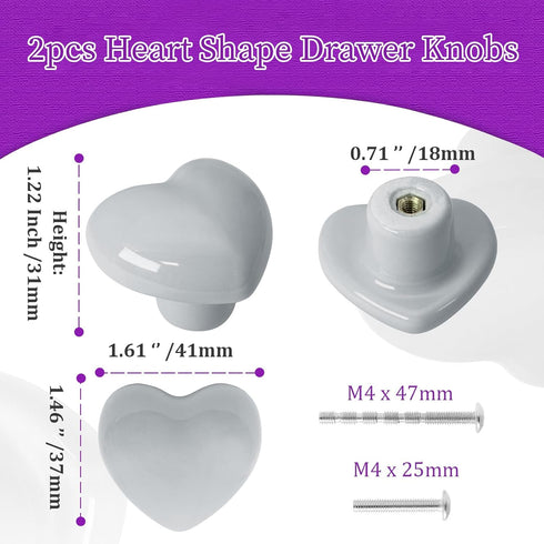 2pcs Light Grey Ceramic Cabinet Knobs, Heart Shaped Drawer Pulls for Kitchen, Cute Vanity Knobs for Kids Girls Bedroom