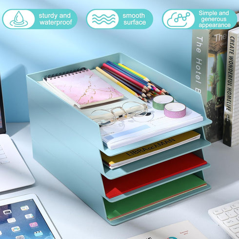 Tatuo 6 Pack Stackable Paper Trays, Plastic Letter Tray Desk Organizer for Classroom, Magazine File Documents, Blue