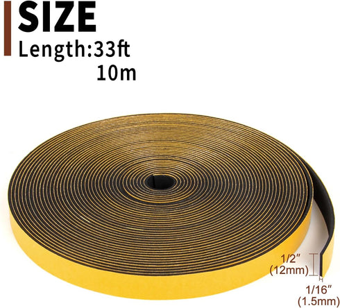 Yotache Foam Tape Weather Stripping, 1/2 Inch Wide X 1/16 Inch Thick, Seal Gasket for Door Insulation, 33 Ft Length