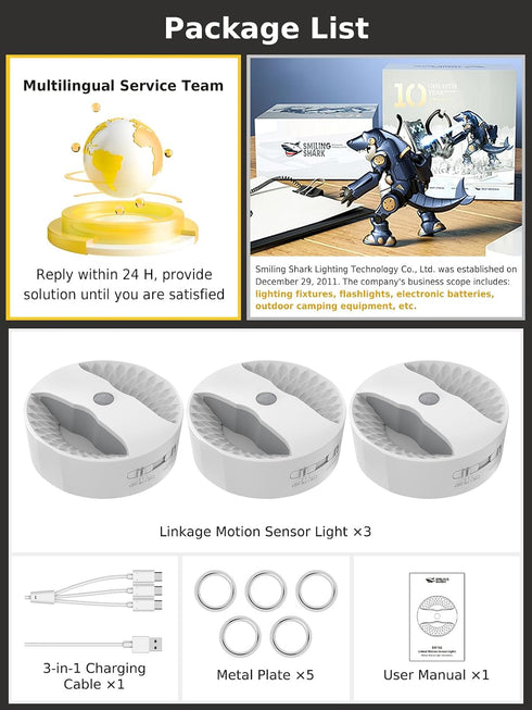 BR168 3 Pack Smiling Shark Linkage Motion Sensor Night Light LED Smart Linked PIR & Light Sensing, Rechargeable