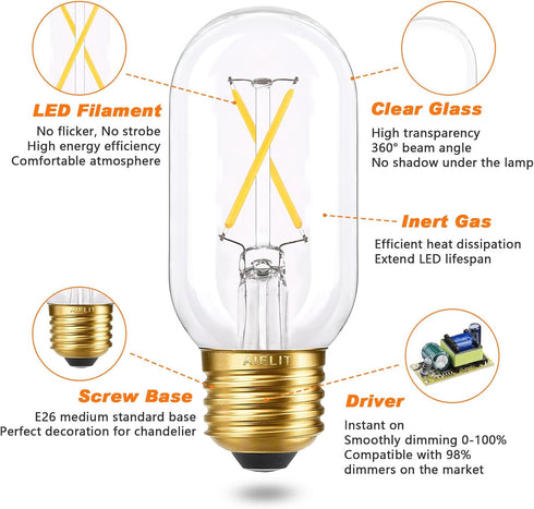 T45/T14 E26 Bulbs Dimmable, 2W(25 3000K, Bulb, Bulb 3-Pack LED Watt Equivalent), Soft White Tube LED Light Vintage