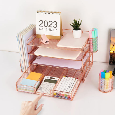gianotter Paper Letter Tray Organizer, 4-Tier Desk Accessories & Workspace Desk Organizers with Drawer and 2 Pen