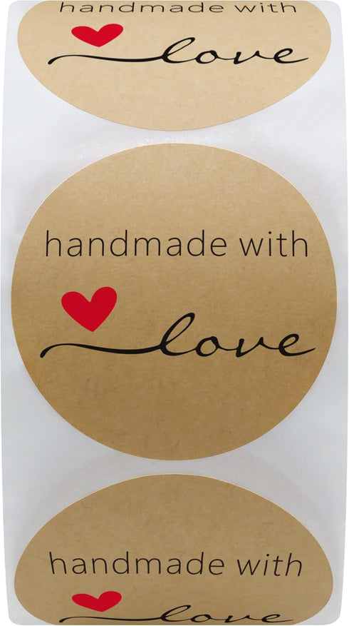 Hybsk Kraft Handmade with Love Stickers - 1.5" Round, 500 Adhesive Labels Per Roll