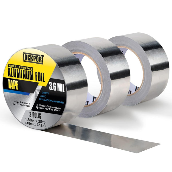 Lockport Aluminum Foil Tape, 2" x 225 ft, 3 Pack, HVAC Duct Sealing, Heat Insulation Tape & Ductwork Repairs