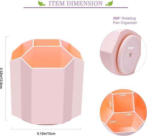 Desk Pencil Pen Holder, 360-Degree Rotating 5 Grid Organizer for Stationery Supplies, Home, Office, School, Kids, Peach