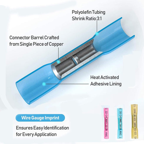260PCS Heat Shrink Ring Connectors Kit, Automotive Marine Electrical Terminals, Crimp Connector Assortment, Spade Fork