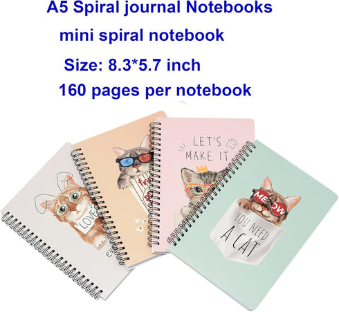 Yansanido Spiral Notebook, 4 Pcs A5 Thick Cat Design, 80 Sheets, 4 Color, 160 Pages Journals for Study