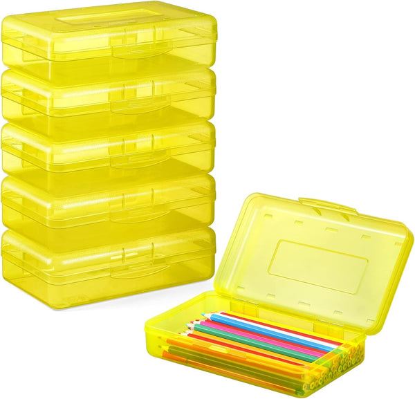 Sooez 6 Pack Pencil Box, Hard Plastic School Supplies Container with Lid, Clear Stackable Crayon Boxes