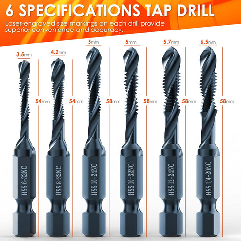 THINKWORK 6 Pack Combination Drill Tap & Tap Bit Set, 3-in-1 Anti-Rust Black Titanium Coated in SAE Sizes
