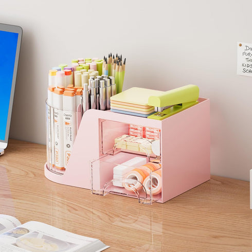Marbrasse Desk Organizer with 2 Drawer, 360° Rotating Pen Holder, 6 Slots Pencil Organizer + 2 Drawer, Pink