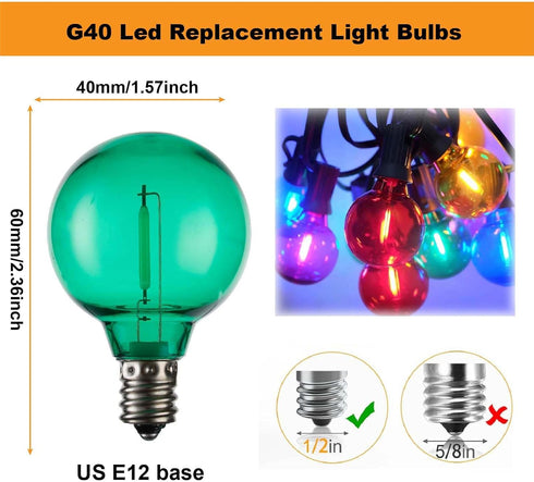 G40 Bulbs, E12 Bulbs, 0.6W 120V 2700K 25 Pack Multicolor LED Outdoor String Light Shatterproof Waterproof, Base