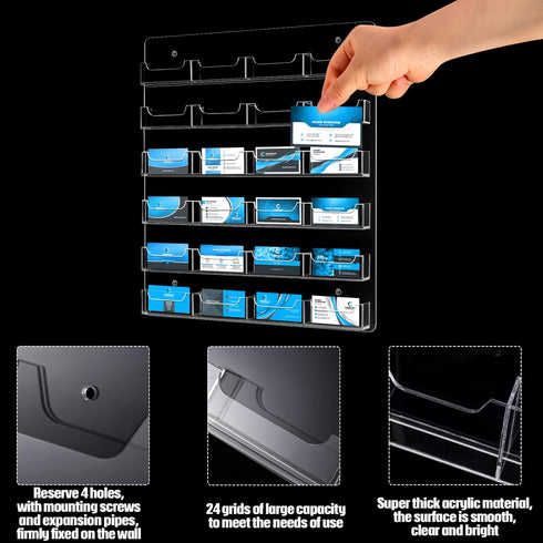 Lincia 24 Pockets Horizontal Business Card Holder Display Rack, Wall Mount Clear Acrylic Organizer for Office