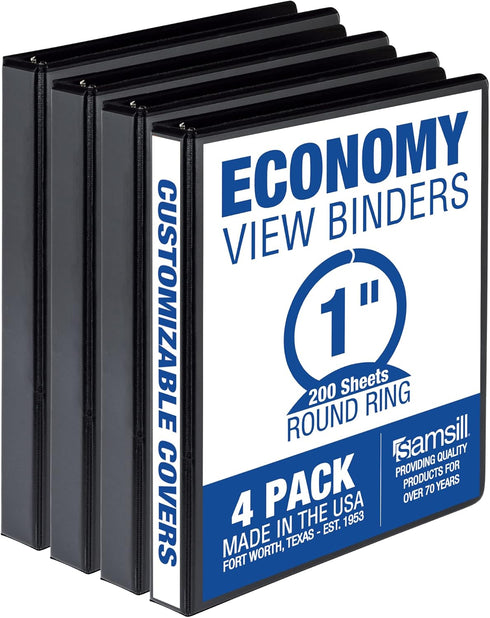 Samsill 1 Inch Economy 3 Ring Binder, Made in The USA, Customizable Clear View Cover, Black, 4 Pack (MPX48530)