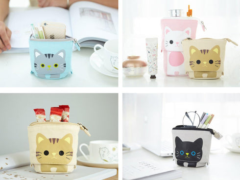 Telescopic Pencil Pouch, Cute Standing Pen Holder, Cartoon Pencil Storage Box (Khaki)
