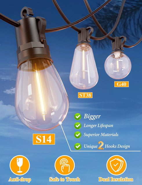 60FT 17 S14 Bulbs(1 2700K Dimmable Brightever LED Outdoor String Lights, Patio Lights with Shatterproof Vintage Edison