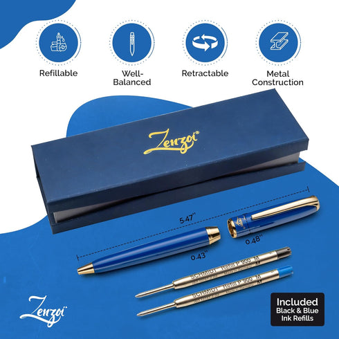 ZenZoi Blue Ballpoint Pen - Premium Pen with Gold Trim, Smooth Writing Schmidt Ink Refills, Luxury Gift Set