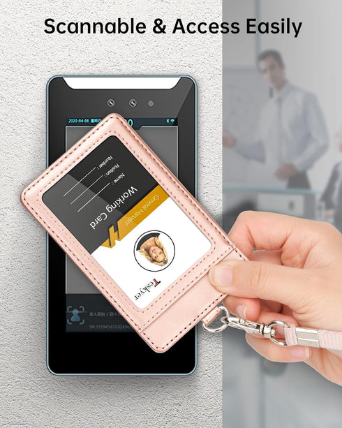 Teskyer Leather ID Badge Holder for Work School IDs, Cruise Ship Cards, Hotel Key Cards - Rose Gold Lanyards