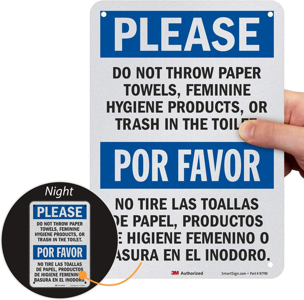 SmartSign Bilingual Sign, "Please Do Not Throw Paper Towels, Feminine Hygiene Products, Or Trash In The Toilet" | 7" x